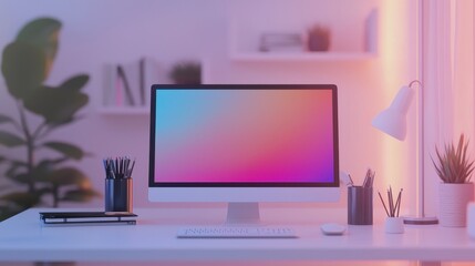 Poster - Minimalistic Workspace Mockup with Smooth Gradient Background and Modern Office Supplies