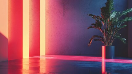 Poster - Minimalistic Interior Design with Colorful Lighting and Potted Plant in Contemporary Space