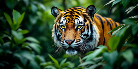 dangerous tiger animal green leaves, tiger looking the camera, jungle, orange tiger