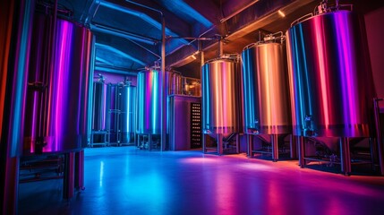 Poster - Colorful lights illuminate large fermentation tanks in a contemporary wine production facility. The atmosphere is lively, showcasing advanced technology in natural wine-making.