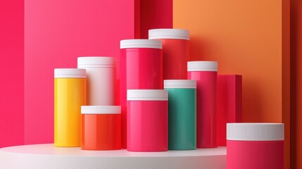Poster - Minimalistic Product Mockup Presentation with Colorful Containers on Vibrant Background