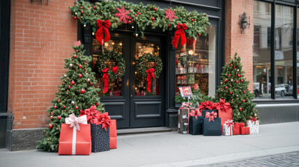 Wall Mural - Festive storefront adorned with holiday decorations, wreaths, and gifts