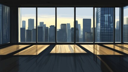 Poster - Spacious modern interior with large windows overlooking a vibrant city skyline at sunset, showcasing sleek design and warm wooden flooring in a contemporary office space