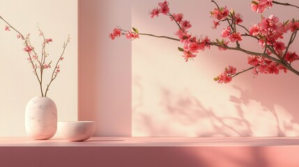 Poster - Minimalistic Showcase of Floral Arrangement with Elegant Vases and Soft Pastel Background