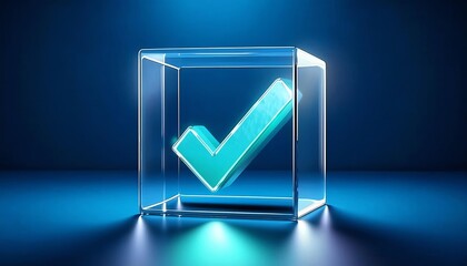 Poster - A glowing checkmark inside a transparent cube against a blue background, symbolizing validation and approval.