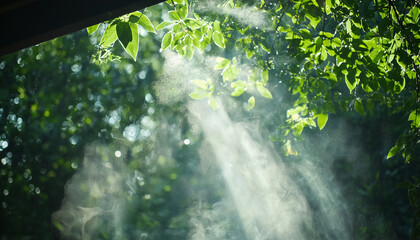 Poster - Sunlight filters through lush forest canopy, illuminating misty air and creating serene, ethereal atmosphere. vibrant green leaves contrast with soft light, enhancing tranquil scene