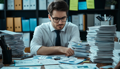 Poster - financial analyst at desk surrounded by stacks of paperwork, looking focused and determined, with charts and graphs spread out. office is filled with binders and documents