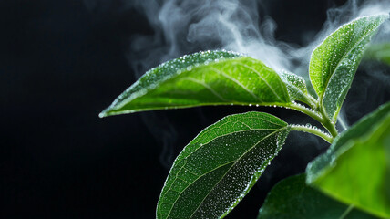 Aufkleber - Close up of vibrant green leaves releasing water vapor against dark background, illustrating natural process of transpiration with visible droplets and mist