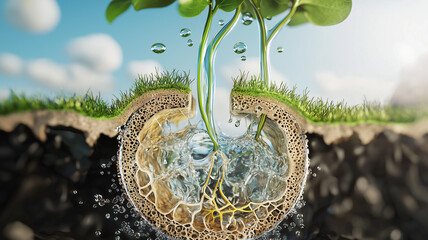 cross section illustration of plant roots absorbing water and nutrients from soil, showcasing natural process of plant growth and hydration