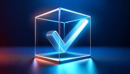 Poster - A glowing checkmark inside a translucent cube, illuminated by vibrant blue and red lighting, symbolizing verification or approval.