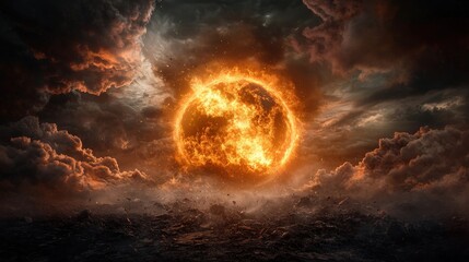 Wall Mural - a fiery sun is surrounded by a cloud of smoke and fire