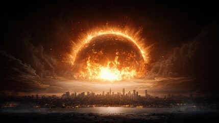 Wall Mural - a fiery sun is in the center of a city with a large, orange, fiery explosion