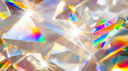 Poster - Sparkling Crystals Reflecting Colorful Light Rays, Creating a Magical Spectrum of Tiny Shimmering Stars and Luminous Patterns in a Soft, Ethereal Background