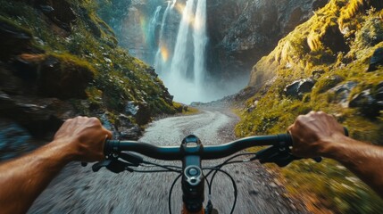 Aufkleber - Riding a mountain bike along a rugged path, with vibrant greenery surrounding the trail and a magnificent waterfall cascading nearby. Sunlight filters through the mist, creating a magical atmosphere.