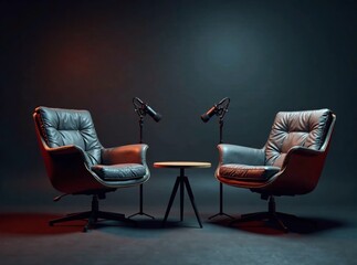 podcast interview room banner - two chairs, microphones