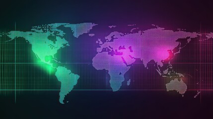 Poster - Colorful Digital World Map with Geometric Pattern and Grid Overlay