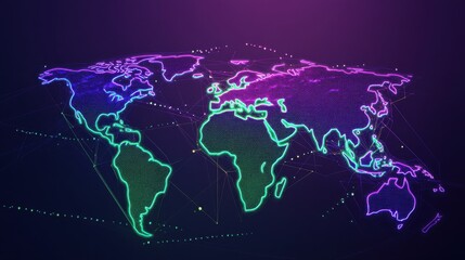 Poster - Abstract Neon World Map with Geometric Lines and Dots Design