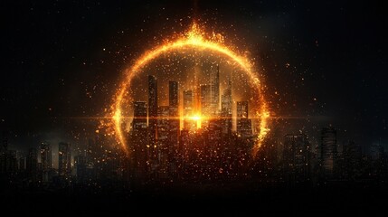Wall Mural - a glowing cityscape with a bright sun in the center