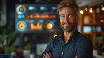 Poster - A confident, smiling entrepreneur standing in front of a glowing holographic display showing positive business metrics, including rising graphs and financial growth analytics.