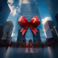 Aufkleber - A giant red bow adorns the glass building, with other buildings in the background, against a blue sky with white clouds.