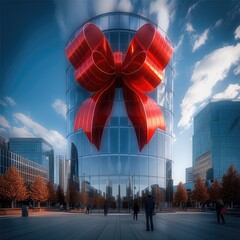 Aufkleber - A giant red bow adorns the glass building, with other buildings in the background, against a blue sky with white clouds.