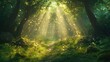 © Kakabe - A serene forest scene featuring sunlight filtering through lush trees, illuminated by soft glowing particles, Perfect for nature themes, tranquility, or promoting outdoor activities and wellness,