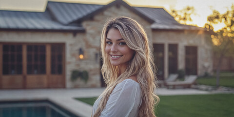 Wall Mural - An Attractive Younger Blonde Woman Poses in Front of Her Luxury Home