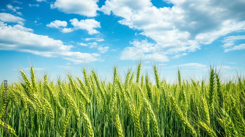 A field of green wheat with a bright blue sky and white clouds in the ...