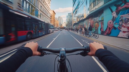 Poster - Riding a bike through a lively urban street, the view showcases colorful murals on the buildings and a mix of vehicles on the move. The energy of the city is palpable in the bright afternoon light.