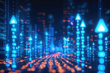 Fototapete - Digital background featuring upward-pointing arrows with blue binary code in the foreground, representing growth and progress.