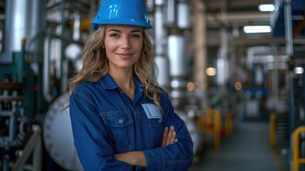 Poster - Female engineer smiling confidently in a factory setting, wearing a blue safety helmet, standing in a well-lit modern industrial environment with machines and tools in the background.