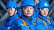 © KN Studio - Steel and Determination:  A trio of construction workers, clad in blue hard hats and safety goggles, stand resolute amidst a backdrop of steel beams, embodying the spirit of dedication and hard work.