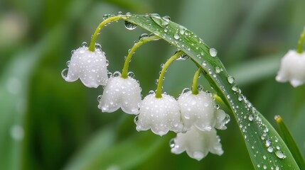 Wall Mural - Delicate white lily of the valley flowers display dew drops, enhancing their beauty in a lush green setting during early spring