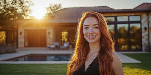 Wall Mural - An Attractive Younger Redhead Woman Poses in Front of Her Luxury Home