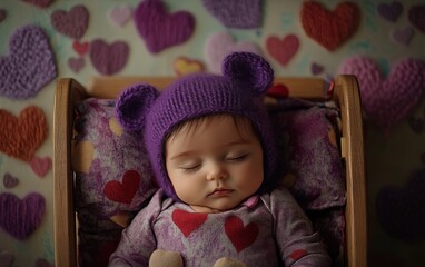 A cinematic portrait of a baby girl in a purple bear hat, sound asleep in a small wooden crib adorned with a heart-patterned blanket and plush hearts, framed by a Valentine's Day-inspired wallpaper