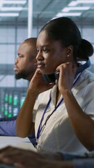 Poster - vertical video engineer arrives in data center, puts headphones on, implementing ai systems. server 