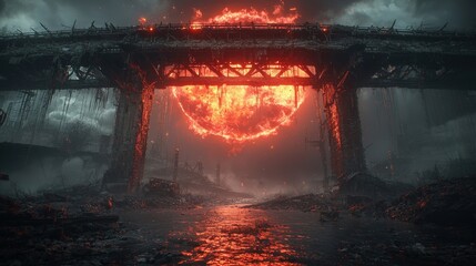 Wall Mural - a bridge with a large red fire in the sky