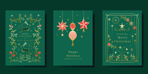 Wall Mural - merry christmas and happy new year greeting card vector set. luxury invitation with bauble, reindeer