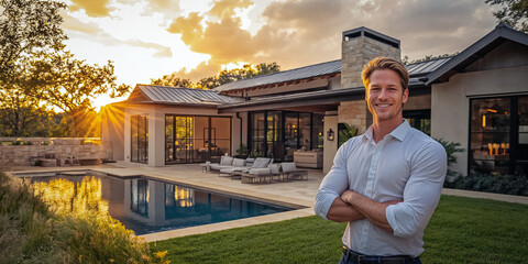 Wall Mural - An Attractive Blonde Man Poses in Front of His Luxury Home