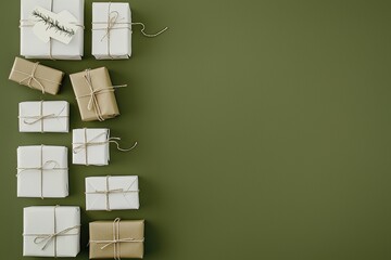 Christmas gifts wrapped in kraft paper on a green background, flat lay top view, minimalist style