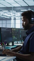 Poster - vertical video ai system administrator in server room listening music, developing disaster recovery 