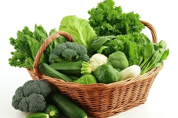 Poster - A basket overflowing with vibrant green vegetables: kale, broccoli, zucchini, and spinach