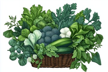Poster - A basket overflowing with vibrant green vegetables: kale, broccoli, zucchini, and spinach