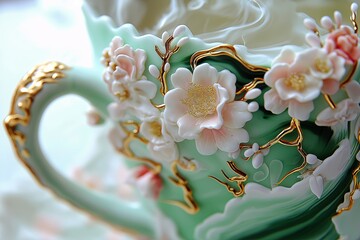 Poster - A close-up of a steaming cup of matcha green tea with a delicate foam art design