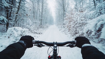 Aufkleber - Riding a bike along a snow-covered path surrounded by tall trees. The landscape is blanketed in white, creating a serene atmosphere. The icy trail and winter scene invite adventure.