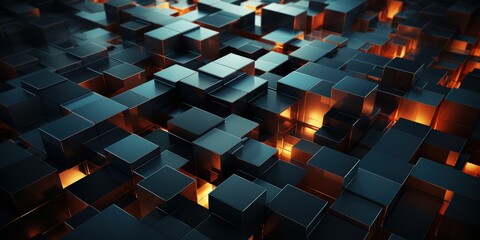 Poster - minimalist abstract background of overlapping black and orange squares with a futuristic 3d design, 