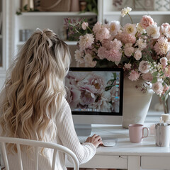 Canvas Print - The backside from behind of an woman sitting at her desk, white and light pink colors, working on computer with big floral bouquet in front of screen.