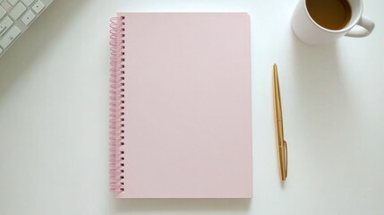 Coffee on desk with pink notebook and golden pen next to computer keyboard in a bright space