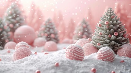 Poster - Minimalistic, cute, New Year's landscape. White snow, light pink sky, green Christmas trees, and pink Christmas candies and decorations on them.