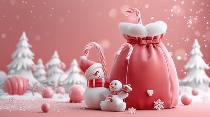 Poster - 3D Christmas-themed cartoon illustration, featuring a large red bag with a candy cane and gingerbread man on the side, a small snowman next to it, set against a background with pastel pink color.